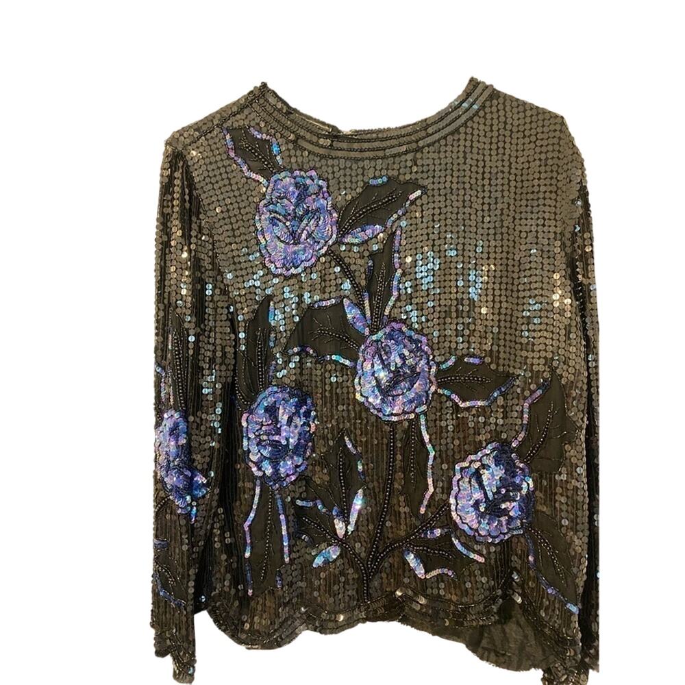 Royal Feelings sequins vintage 100% silk top Semi formal long sleeve black blue